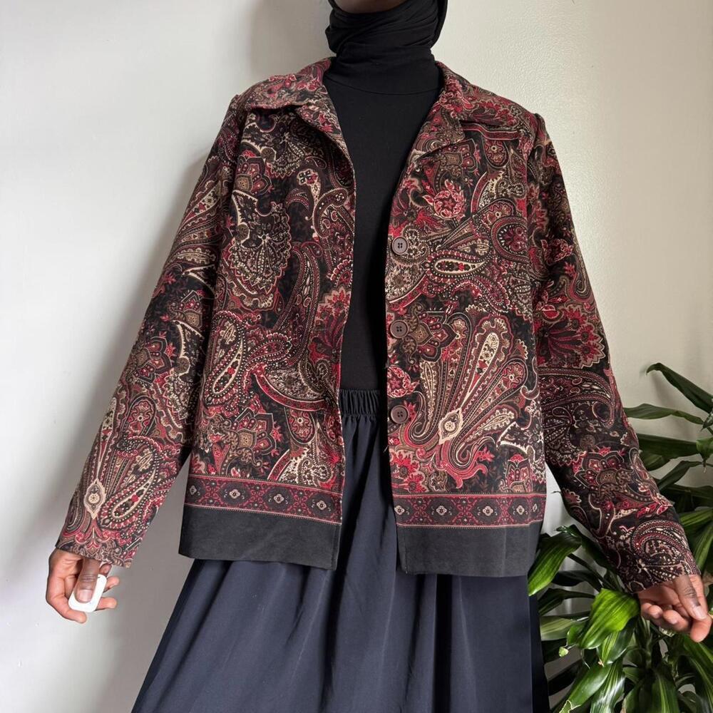 Vintage burgundy floral kimono shirt boho hippie buttom down Ornate‎ size XL